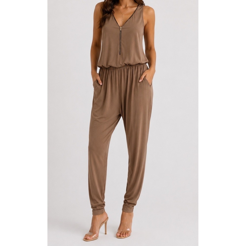 Vintage Y2K Ellie & Kate Brown Sleeveless V Neck Zip Up One Piece Jumpsuit Sz M